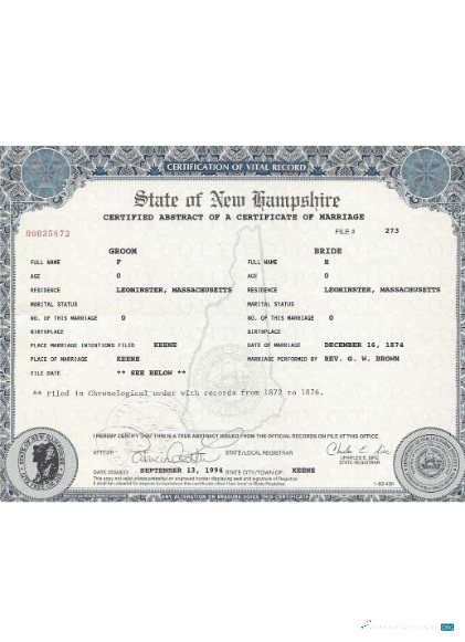 Download USA New Hampshire cerificate of marriage Photoshop template